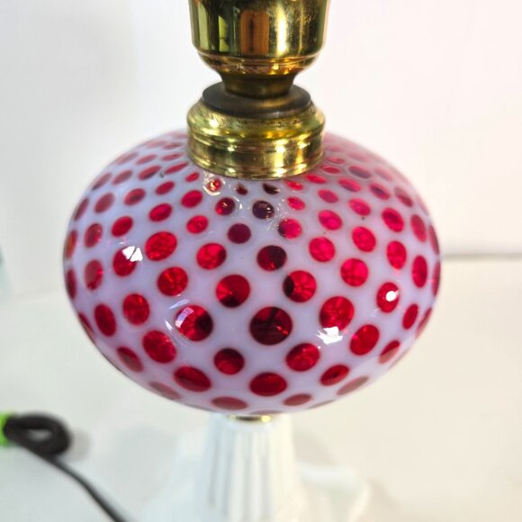 Vintage Cranberry Hobnail Glass Lamp Fenton Style Cut to Clear Shade Milk Glass - Picture 11 of 16